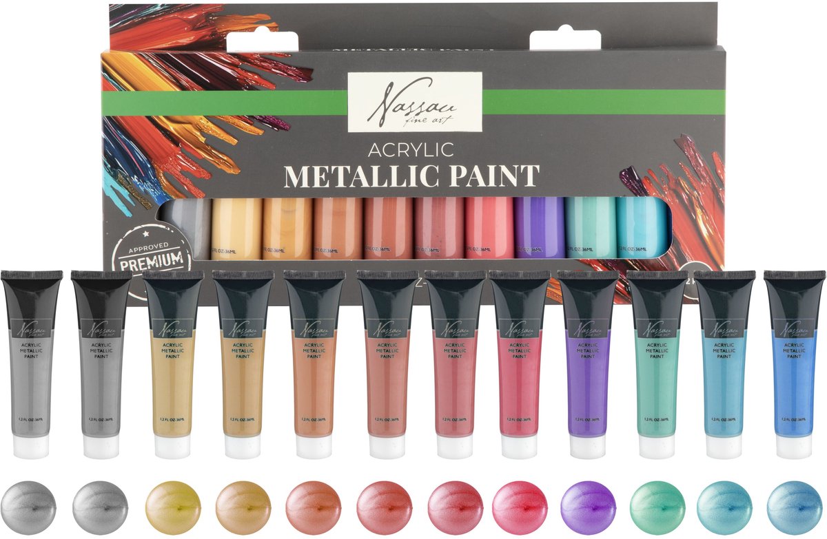 Nassau Fine Art Metallic Acrylverf Set - 12pcs 36ml Tubes – Hoogwaardige Metallic Verf voor Hobby – Dekking op Papier, Canvas, Hout, Steen en Meer — afbeelding 2