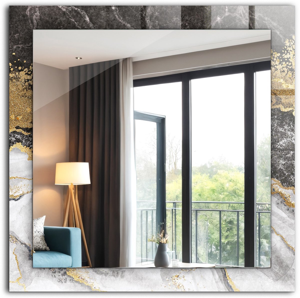 Tulup Spiegel - Spiegel op gehard Glas - Vierkante Spiegel - Marmer aderen abstractie - 60 x 60 cm - Decoratieve spiegel met patroon - Inloopkastspiegel – Badkamerspiegel - Toiletspiegel - Visagiespiegel - Woonaccessoires - Hangspiegel