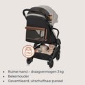 Grijze buggy met ruime mand (draagvermogen 3 kg), bekerhouder en geventileerd, uitschuifbaar paneel.