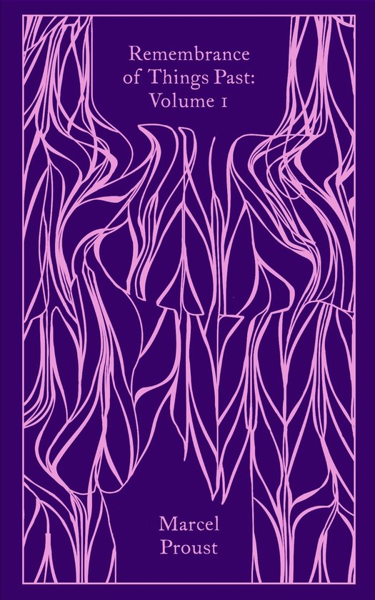Paarse kaft met roze lijntekening van abstracte, organische vormen en de tekst "Remembrance of Things Past: Volume 1" en "Marcel Proust".