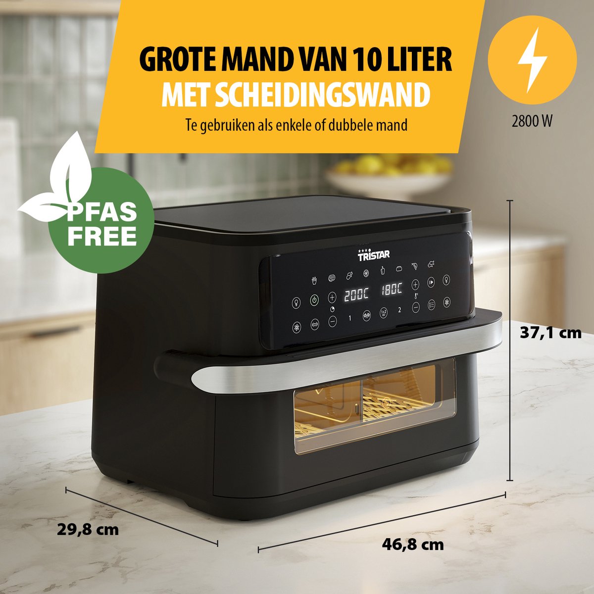 Afbeelding 2 van Tristar Airfryer FR-9432 - 10L - Dual Zone Flex - Kijkvenster - 8 voorprogramma's - Snackverdeler - 2800W