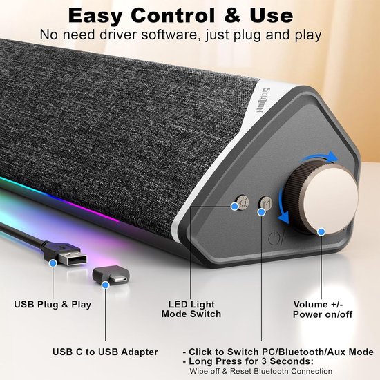 RFWR® USB Bluetooth 5.3 Computer Soundbar - Duidelijk Geluid en LED Verlichting van RFWR® — afbeelding 4