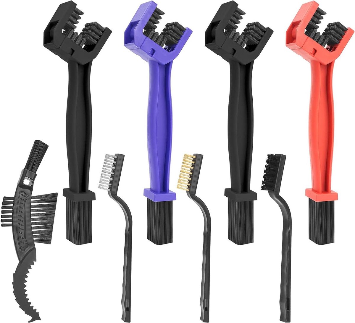 Allecto Plus - Set van 8 dubbele kettingborstels voor motorfiets en fiets - 3 kleuren kettingreiniger - Met driezijdige borstel - Inclusief 3 soorten kleine borstels
