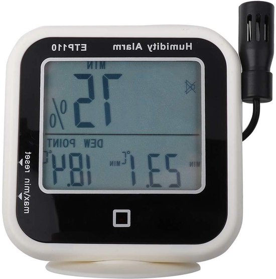 Foto: Digitale hygrometer en thermometer voor thuiskantoor en laboratorium met dauwpunt weergave
