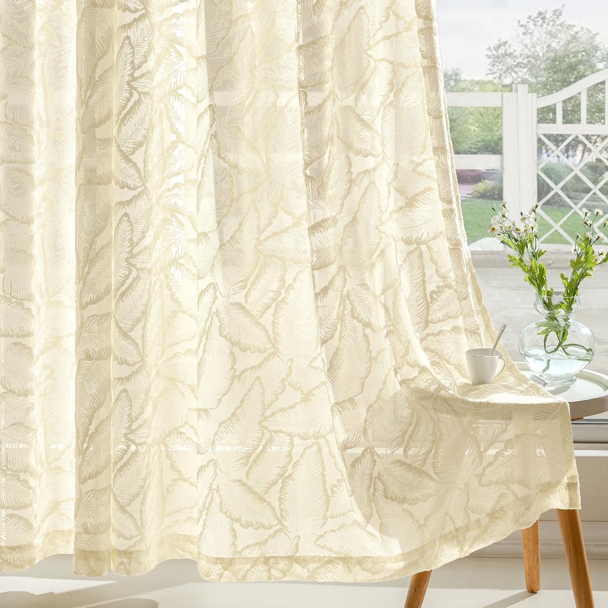 Ibenzoa Vitrage Gordijnen Set van 2 met Bladpatroon voor Diverse Kamers, 160 x 140 cm, Beige