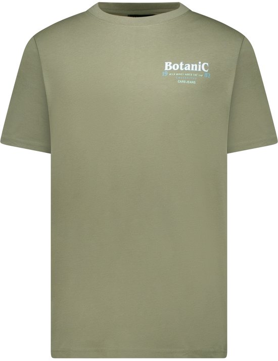 Olijfgroen T-shirt met kleine tekst 'Botanic' en 'CARS JEANS' op de borst.