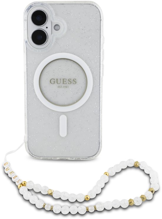 Guess IML Glitter Beads iPhone 16 Pro Max hoesje met polskoord en MagSafe - Transparant