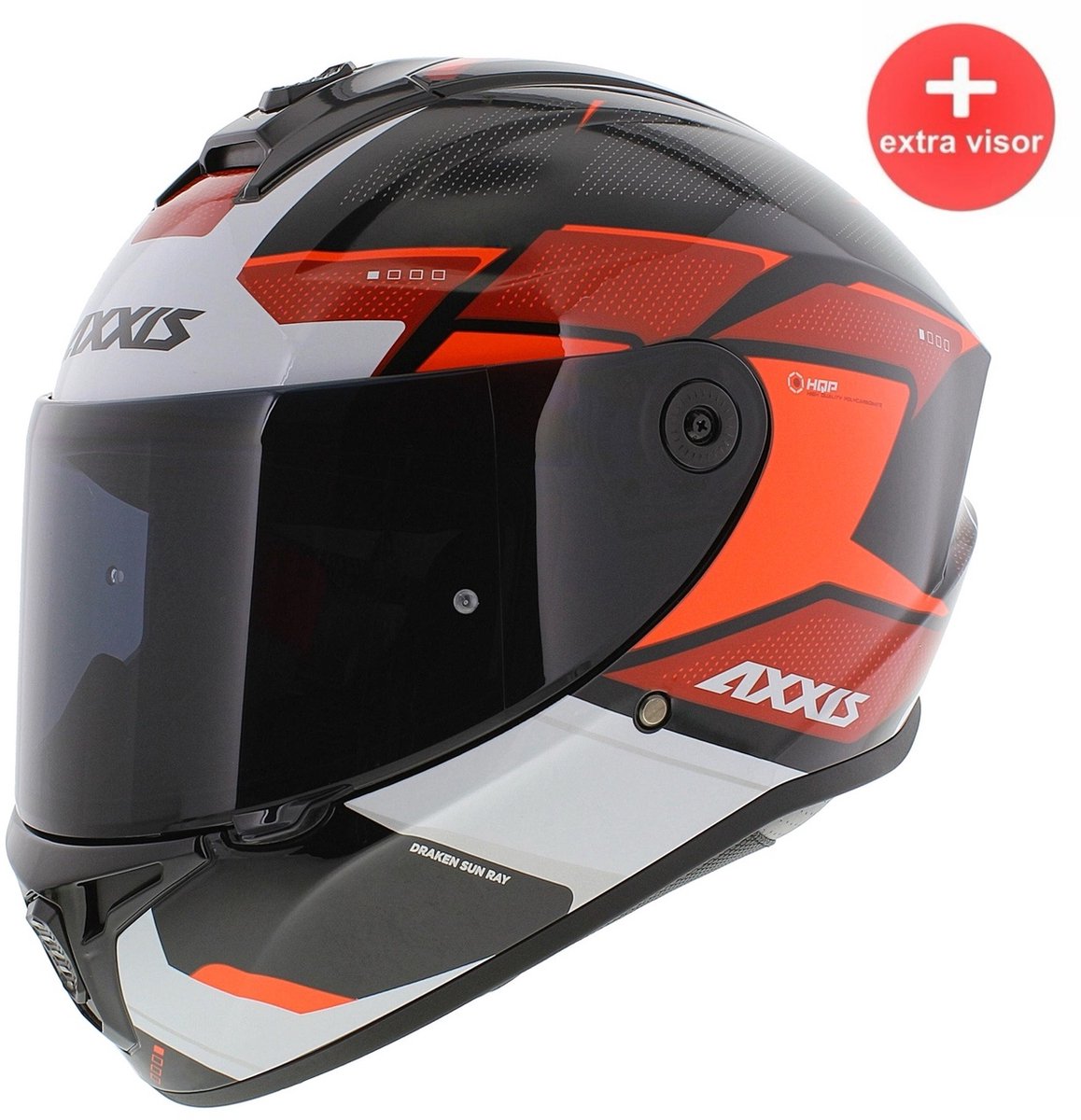 Axxis Draken S helm Sunray glans zwart wit rood - Maat M + extra (donker) vizier in de doos!