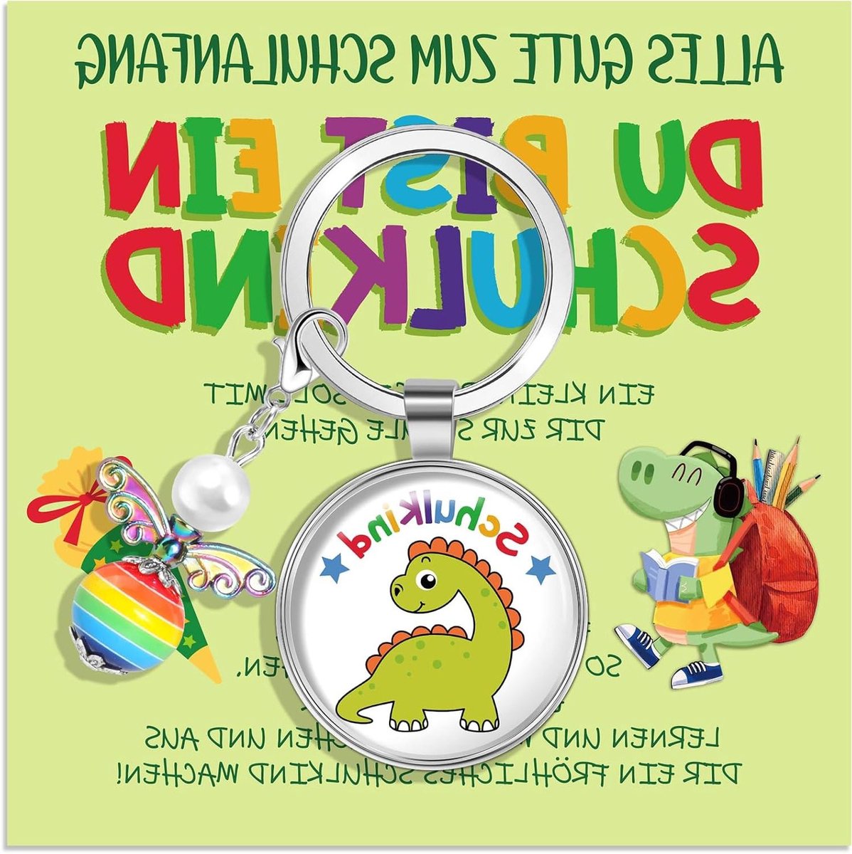 Allecto Plus - Cadeau eerste schooldag jongens dinosaurus beschermengel geluksbrenger 2024 - Geschenken schoolkind - Sleutelhanger wenskaart