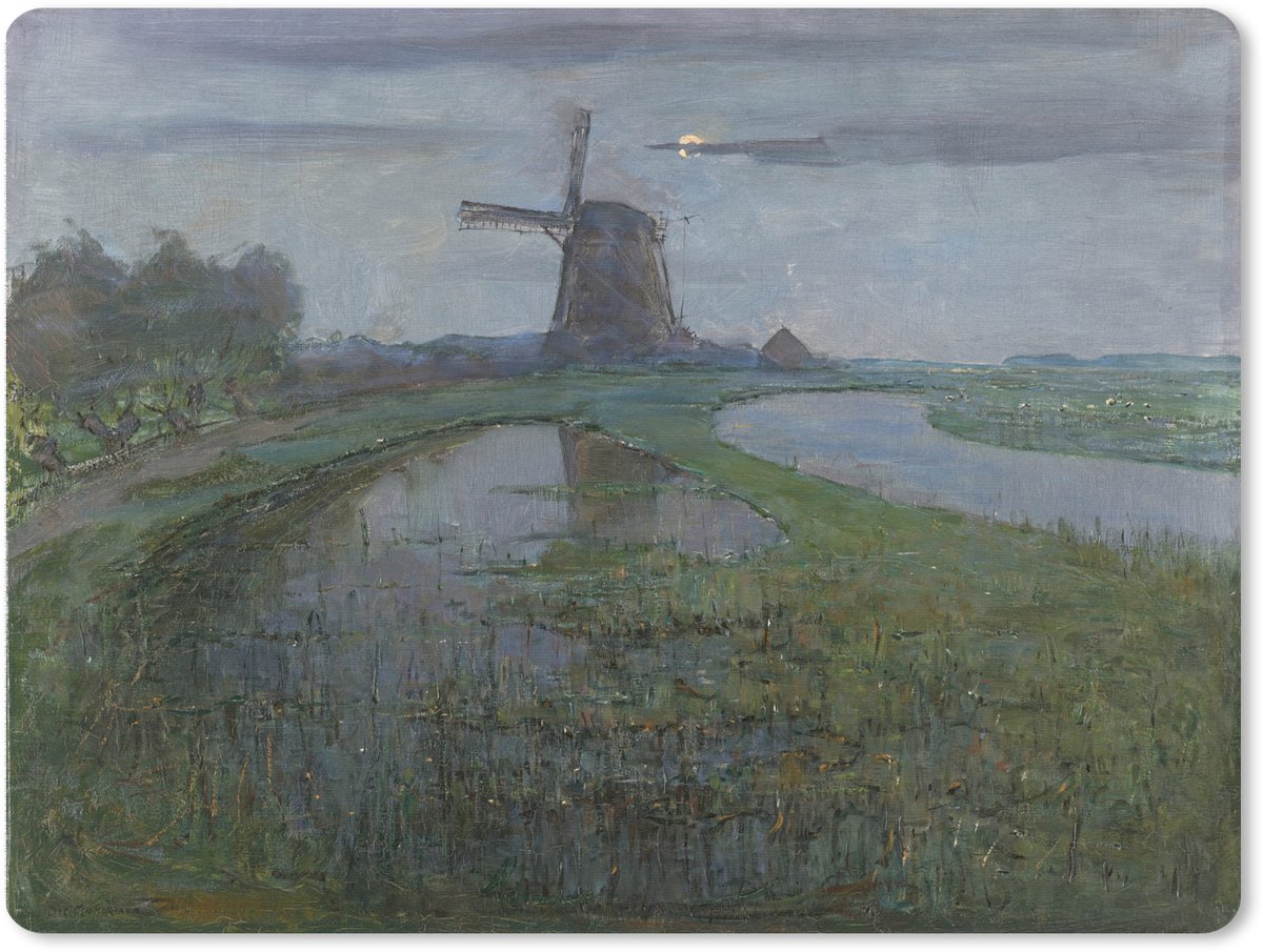 Muismat XXL 80x60 cm - Bureau onderlegger - Bureau mat Oostzijdse molen aan het Gein bij maanlicht - Piet Mondriaan - Bureaumat - Gaming mousepad xl - Bureaulegger groot - Computer deskmat