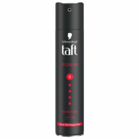 Zwarte Taft Power haarsprayfles met rode stippen en tekst 'Up to 72h Power Hold'.