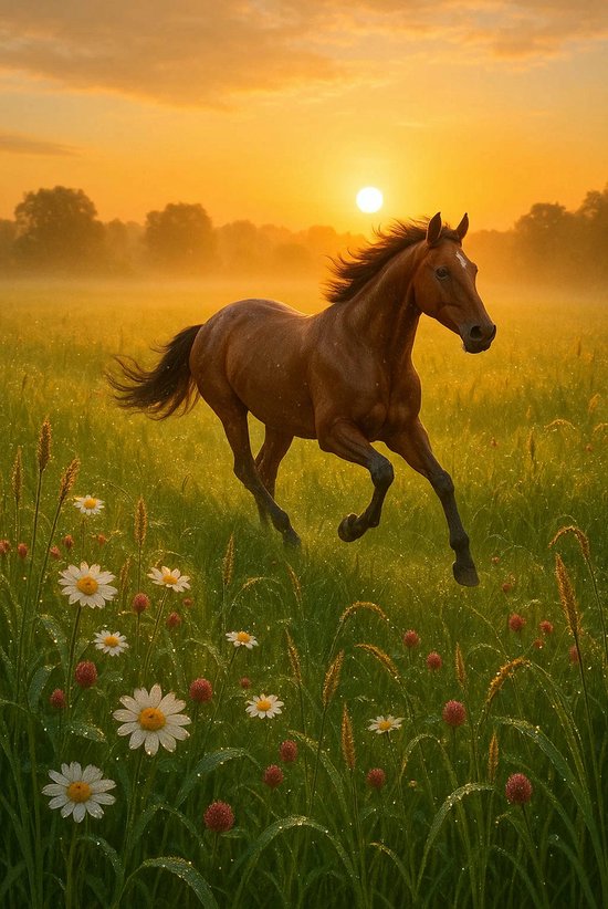 Paard Veld Poster - Dieren Posters - Natuur - Wanddecoratie Woonkamer - 180 gram papier - 6247AZ - Formaat 60 x 90cm