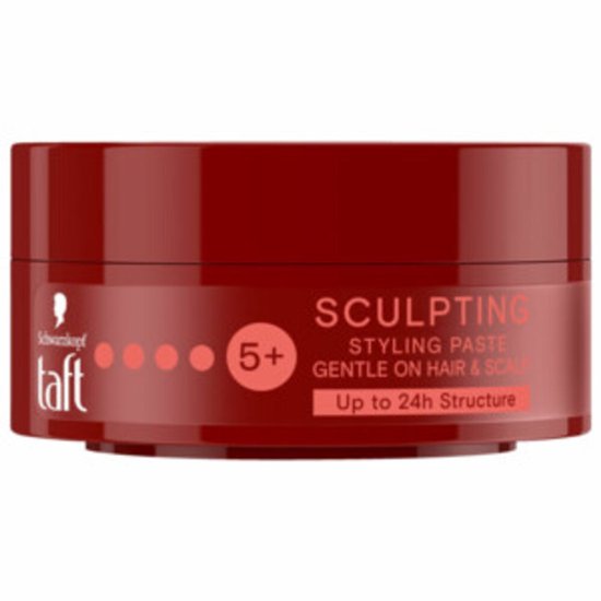 Donkerrode pot Taft Sculpting Styling Paste met 5+ fixatie en 24u structuur.