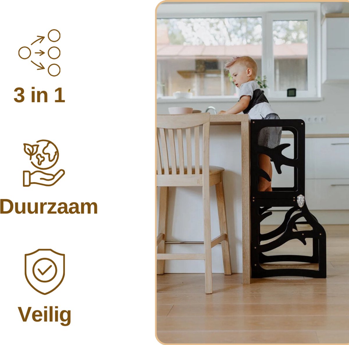 Zonovi Leertoren- Montessori Keukentrap - Learning Tower - Speeltafel - Kindertafel - Kinder trap - Leertoren - Keuken toren - Keukenhulp - Leerstoel - Met Glijbaan - Voor Peuters - Opvouwbaar - Inklapbaar - 3 in 1 - Zwart - Inclusief Antislip Strips — afbeelding 2