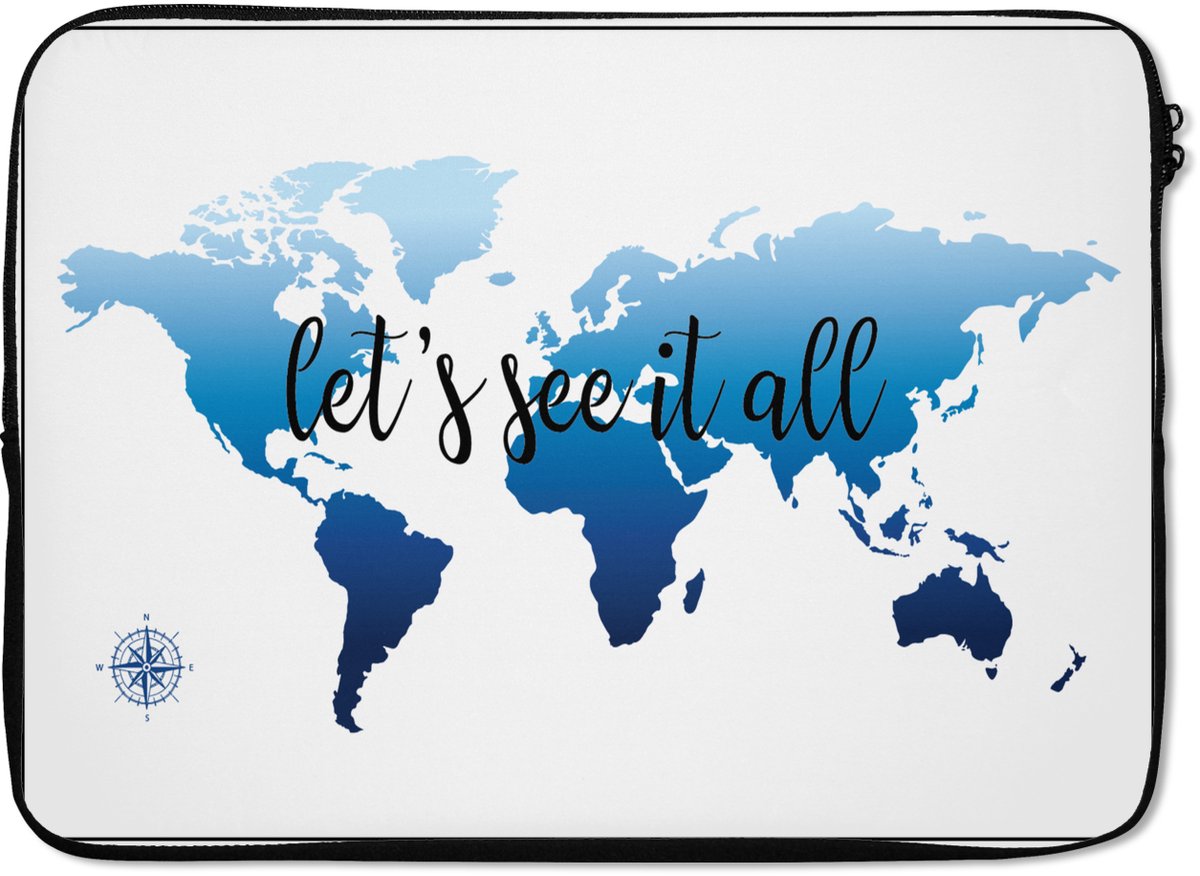 Laptophoes 14 inch - Wereldkaart - Blauw - Kompas - Laptop sleeve - Binnenmaat 33x23 cm - Zwarte achterkant
