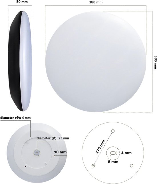 Technische tekening van een ronde lamp met afmetingen en montagedetails. Zwart met witte rand.