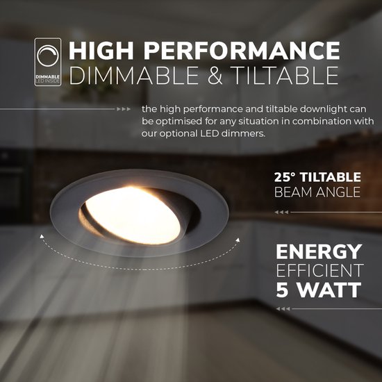 3x HOFTRONIC Malta - Kantelbare inbouwspot - LED - Rond zaagmaat 60-67mm - Zwart - Dimbaar - 5 Watt - 480 lumen - 230V - 2700K Extra warm wit - Plafondspots - Inbouwspot voor badkamer en buiten - 5 jaar garantie