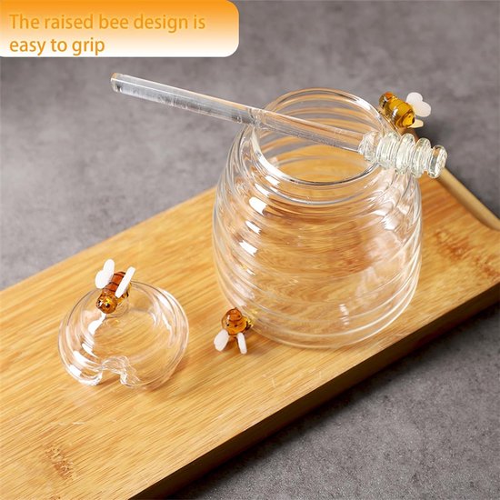 Honingpot van glas, container met deksel en lepel, voor het serveren van honing en siroop, 280 ml