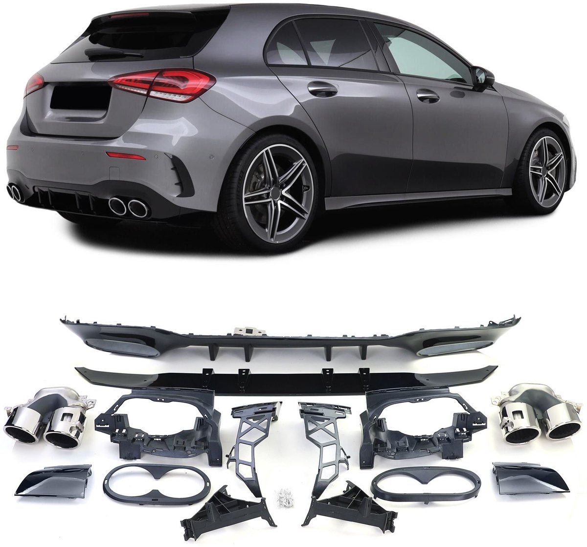 Sport Diffuser Passend Voor Mercedes A Klasse W177 AMG Look Hoogglans Zwart Chrome Uitlaat Sierstuk A200 A250