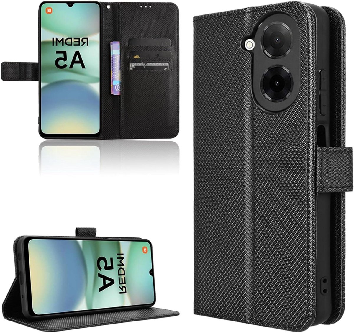 Portefeuille Beschermhoes voor Redmi A5 - Schokbestendig - Premium Vezel - Met Kaartvakken en Magneetsluiting - Zwart