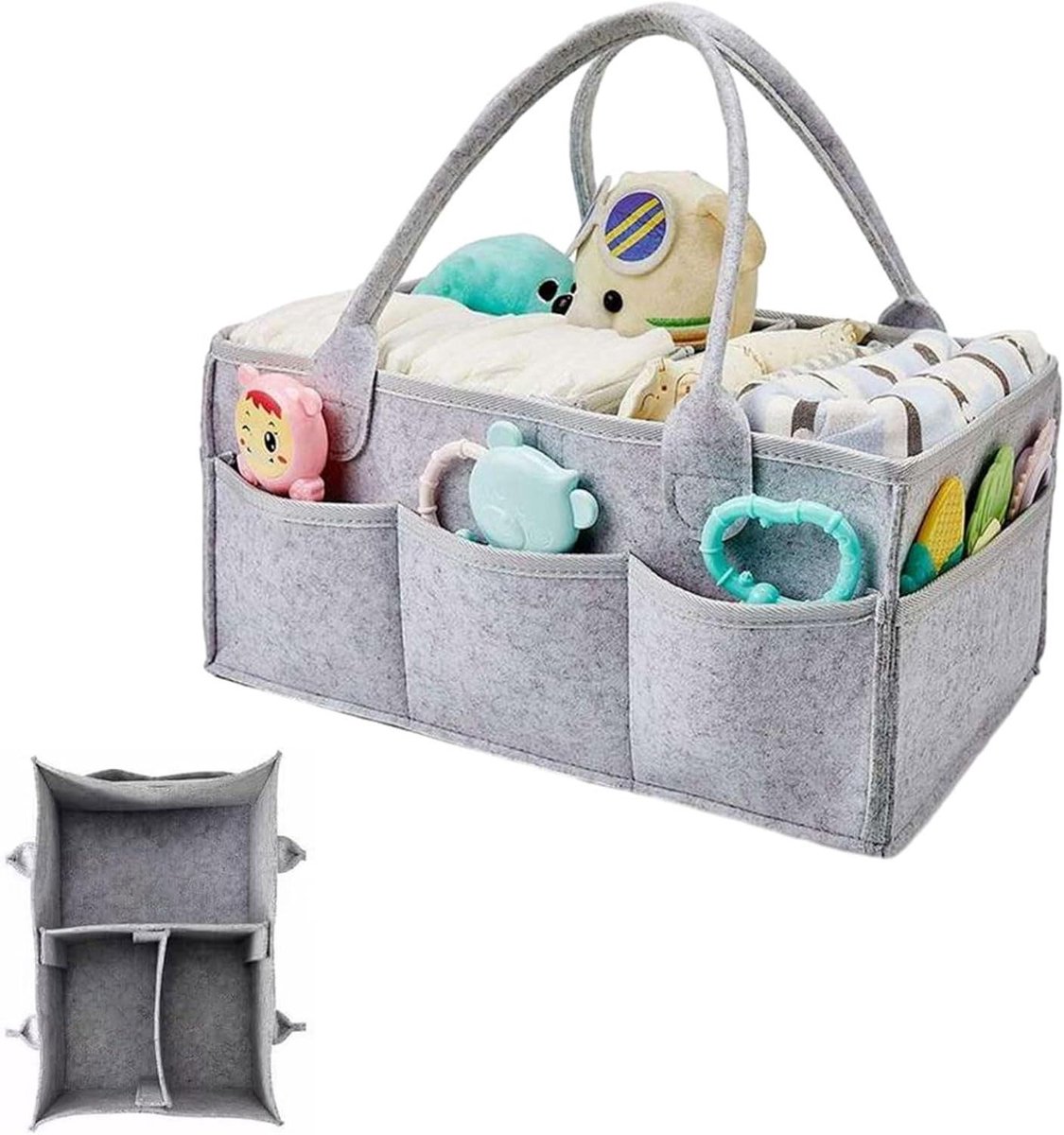 Vilten tas voor babybenodigdheden - Grote luiertas met verwisselbare vakken - Opbergmand voor babykamer met bijtring - Luxe cadeau voor baby shower