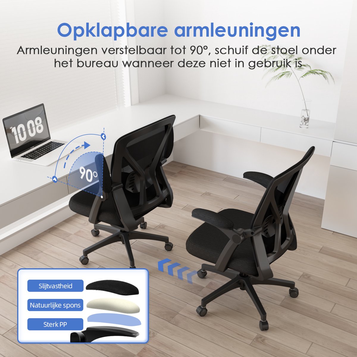 Elekiatech Ergonomische Bureaustoel – Bureaustoelen voor Volwassenen – Verstelbaar – 360° Draaibaar – Inklapbare Armleuningen – Schommelfunctie – Stille Wielen – Tot 150 kg – Zwart thumbnail 4