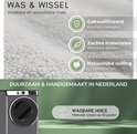 Illustratie van een wasmachine en de tekst 'Wasbare hoes'. Gekwalificeerde materialen: bamboe, katoen, lijnzaad. Duurzaam & handgemaakt in Nederland.