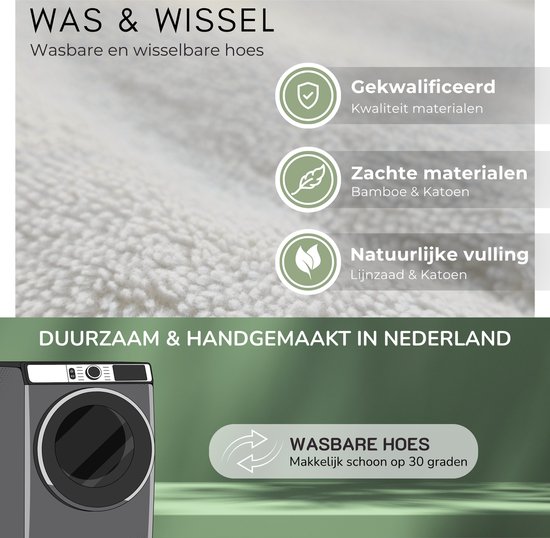 Illustratie van een wasmachine en de tekst 'Wasbare hoes'. Gekwalificeerde materialen: bamboe, katoen, lijnzaad. Duurzaam & handgemaakt in Nederland.