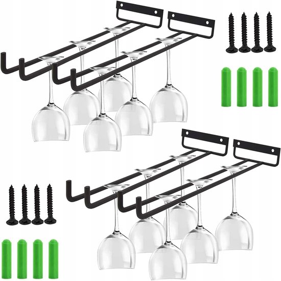 Lot de 4 supports de verres à vin suspendus de 30 cm de long – Support inversé pour verres à vin anti-oxydation et antirouille – avec 8 vis noires + 8 vis d'expansion vertes – Noir