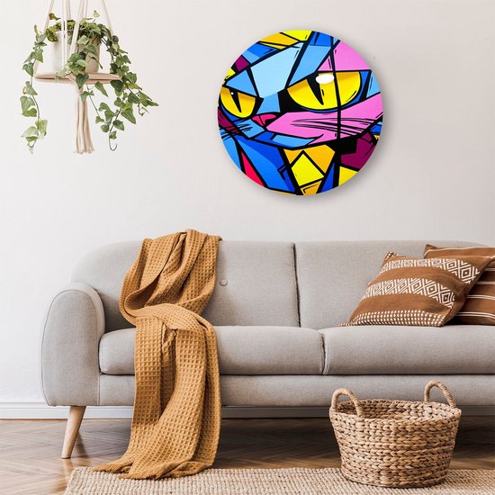 Kleurrijke kubistische kattenkunst - Kat rond schilderij - Ronde wanddecoratie dier - Kubisme - Forex muurcirkel op maat - Kunst voor landelijke interieurs - muurcirkel forex 50x50 cm