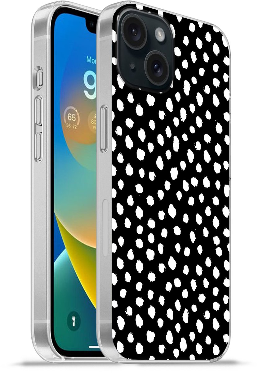 Telefoonhoesje Geschikt voor iPhone 15 hoesje - Stippen - Zwart - Wit - Siliconen Telefoonhoesje Telefoonhoesje