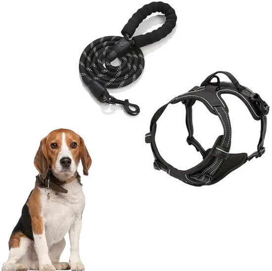 Anti Trek Hondentuig L met Hondenriem - Y Tuig Hond Verstelbaar - Hondenharnas Medium + Hondenlijn - Hondentuigje - Leiband - Honden Tuigje - Riem