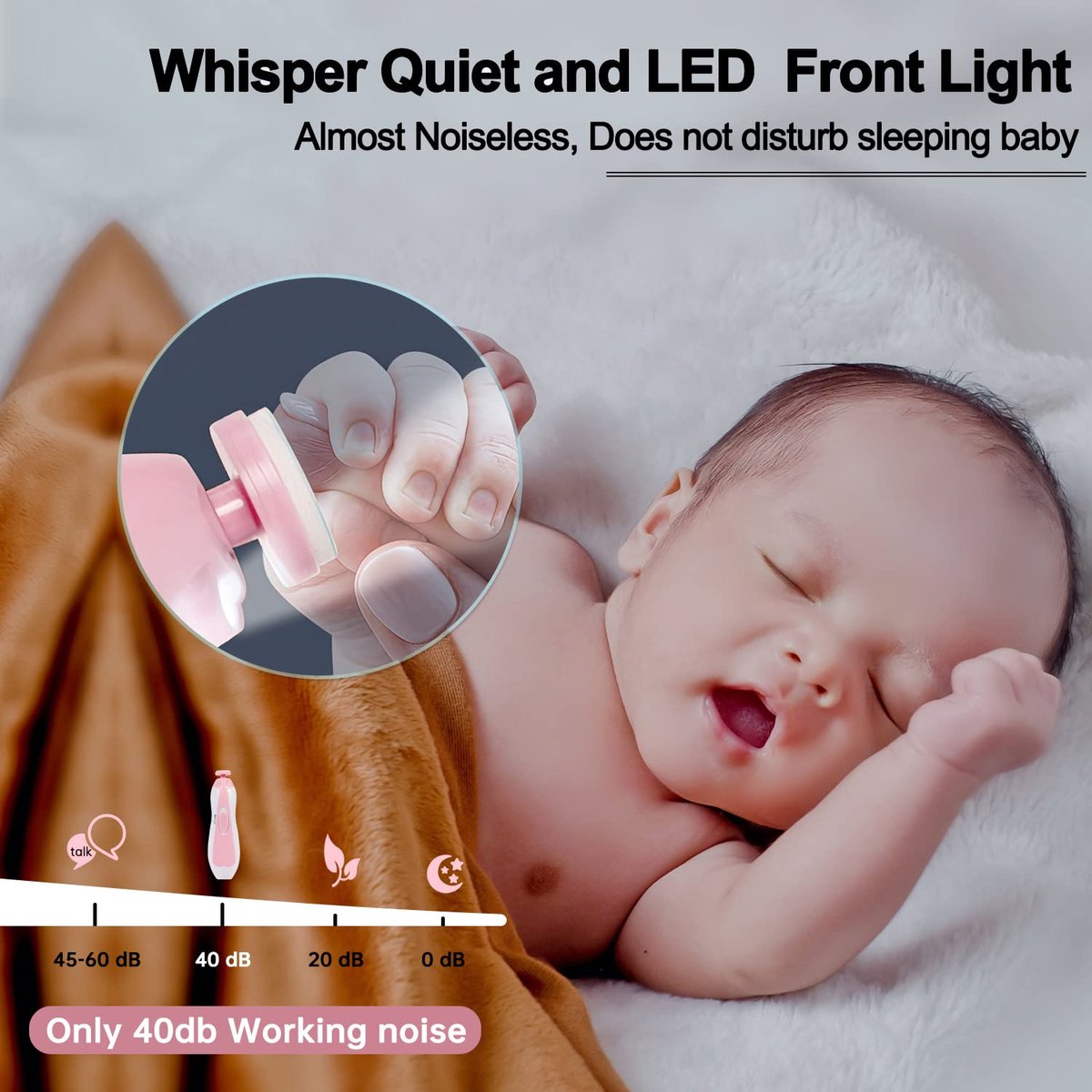 GOODEVN Baby Nail Trimmer Electric - Ultra Quiet & Safe Newborn Nail Clipper Kit with LED Light | 6 Replaceable Grinding Heads for Infant, Toddler & Adults | Painless Fingernail & Toenail Care (Pink) — cadeau in Verzorging - foto 4