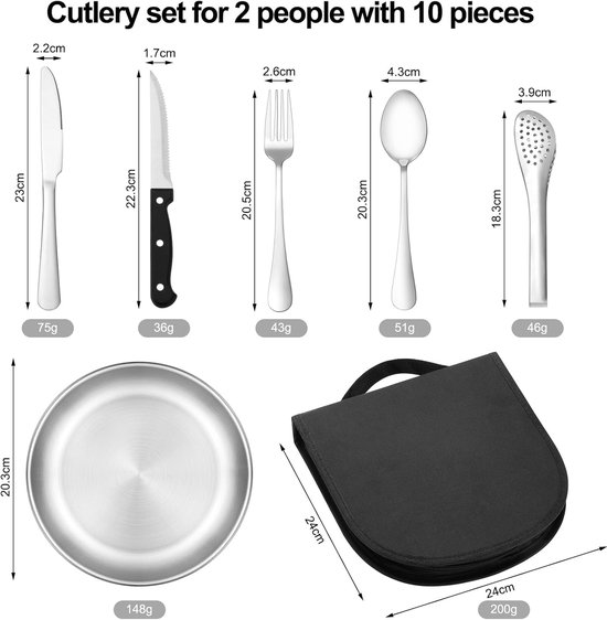 Campingbestekset - 10 Stuks - Draagbaar - Roestvrij Staal - Geschikt Voor Kamperen - Picknicken - Reizen - Geschikt Voor 2 Personen - 24*24*5CM — afbeelding 5