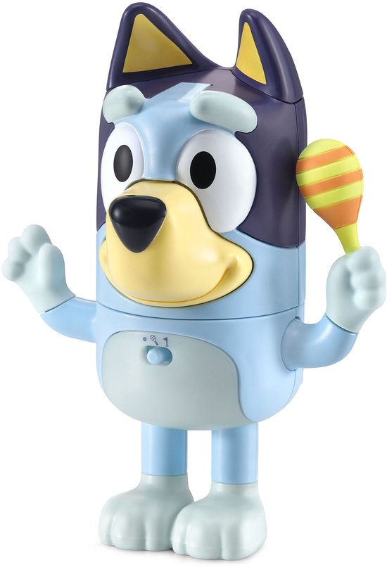 Blauwe VTech Bluey speelfiguur met maracas en lichtjes.