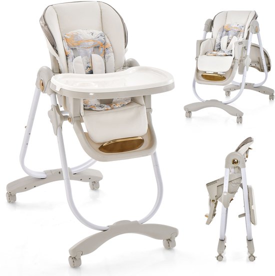 COSTWAY Babystoel inklapbaar, babystoel met ligfunctie, wielen en dubbel dienblad, opbergtas, kinderstoel met verstelbare hoogte, rugleuning en voetensteun, voor 6-36 maanden (grijs