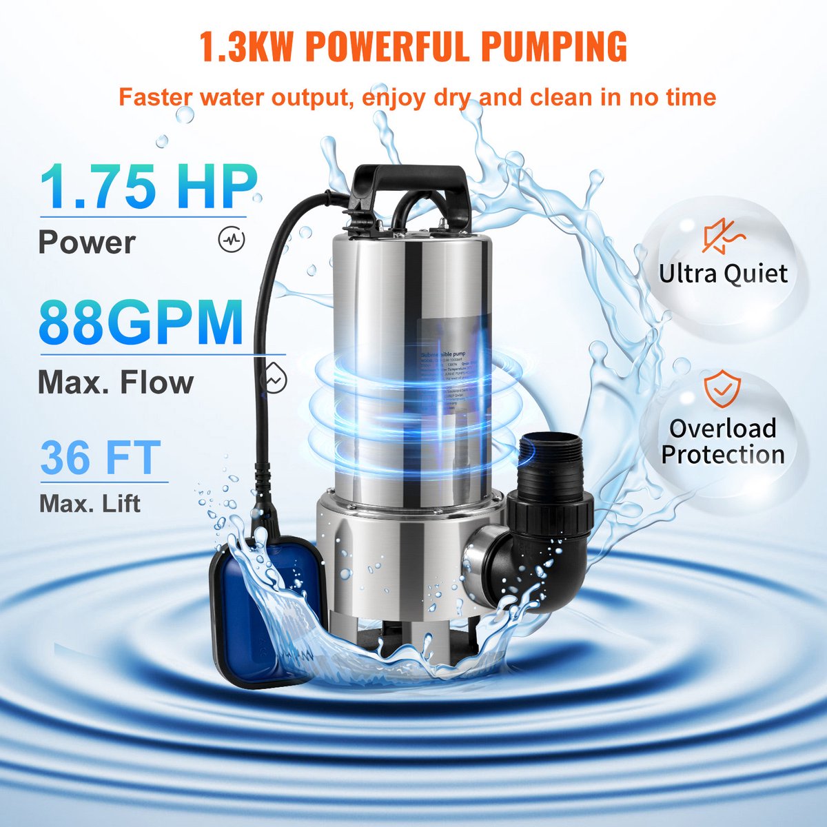 Dompelpomp - Waterpomp - Pomp - Vuilwaterpomp - 1300W - RVS - 20000L/H - met 10 Meter Snoer - voor Kelder, Zwembad en Vijver – foto 8