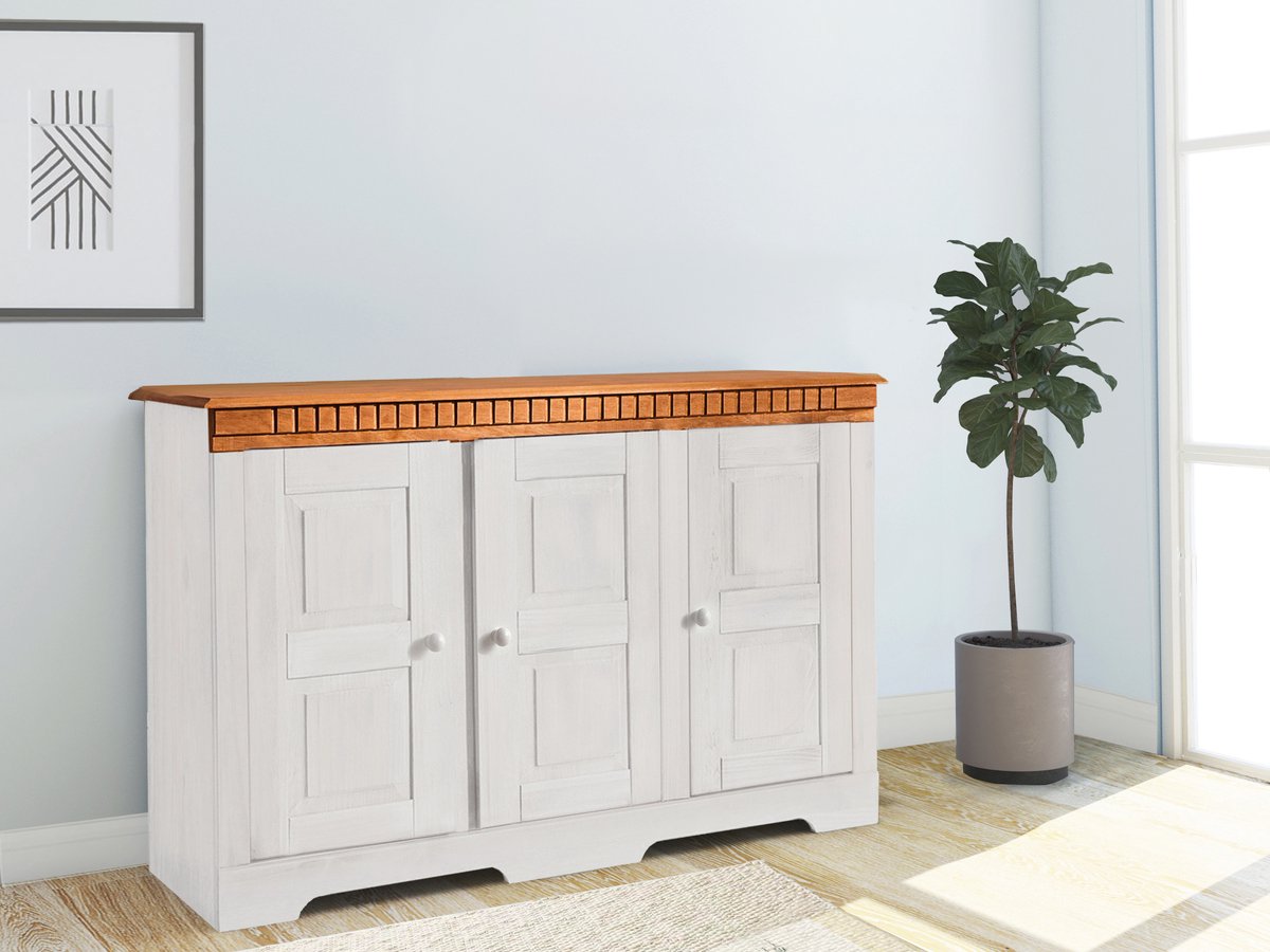 Lisa Dressoir met 3 Deuren en Verstelbare Legplanken - Massief Grenenhout - 122 cm - Wit/Goud