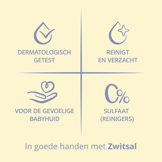 Dermatologisch getest, reinigt en verzacht, voor de gevoelige babyhuid, 0% sulfaat. In goede handen met Zwitsal.