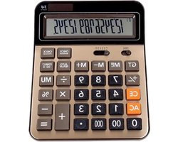 Allecto Plus - Grote zakelijke rekenmachine met zonne-energie en dubbele stroom Goudkleurig - 14-cijferig LCD-scherm - Desktop kantoorproducten