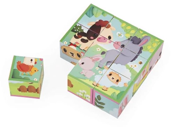 Janod - 9 Boerderij Dier Kubussen - Kubussen Om Te Stapelen Of In Elkaar Te Zetten Als Een Puzzel - 6 Scènes Met Boerderijthema Om Na Te Spelen - Kinderen Ontwikkelen Hun Motorische Vaardigheden - Geschikt Vanaf 2 Jaar