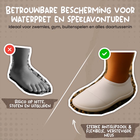 Voet vergeleken met witte waterschoen met antislipzool en verstevigde neus.