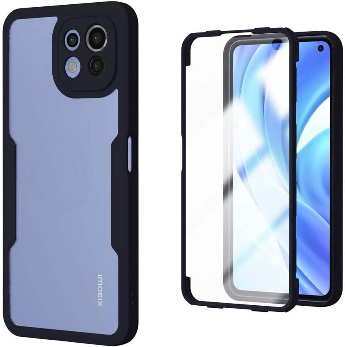 Allecto Plus - Beschermhoes voor Xiaomi Mi 11 Lite 4G/5G/5G NE - 360 Graden Bescherming - Transparante Telefoonhoes met Schermbeveiliging - Dubbele Laag Silica TPU + Hard PC - Zwart