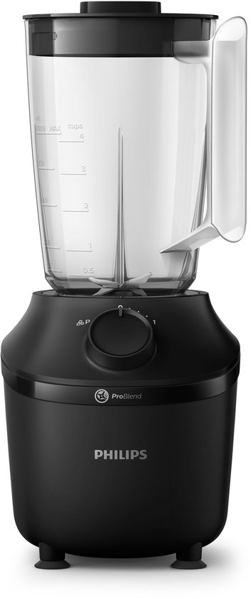 Zwarte Philips blender met een glazen kan en een draaiknop aan de voorkant.