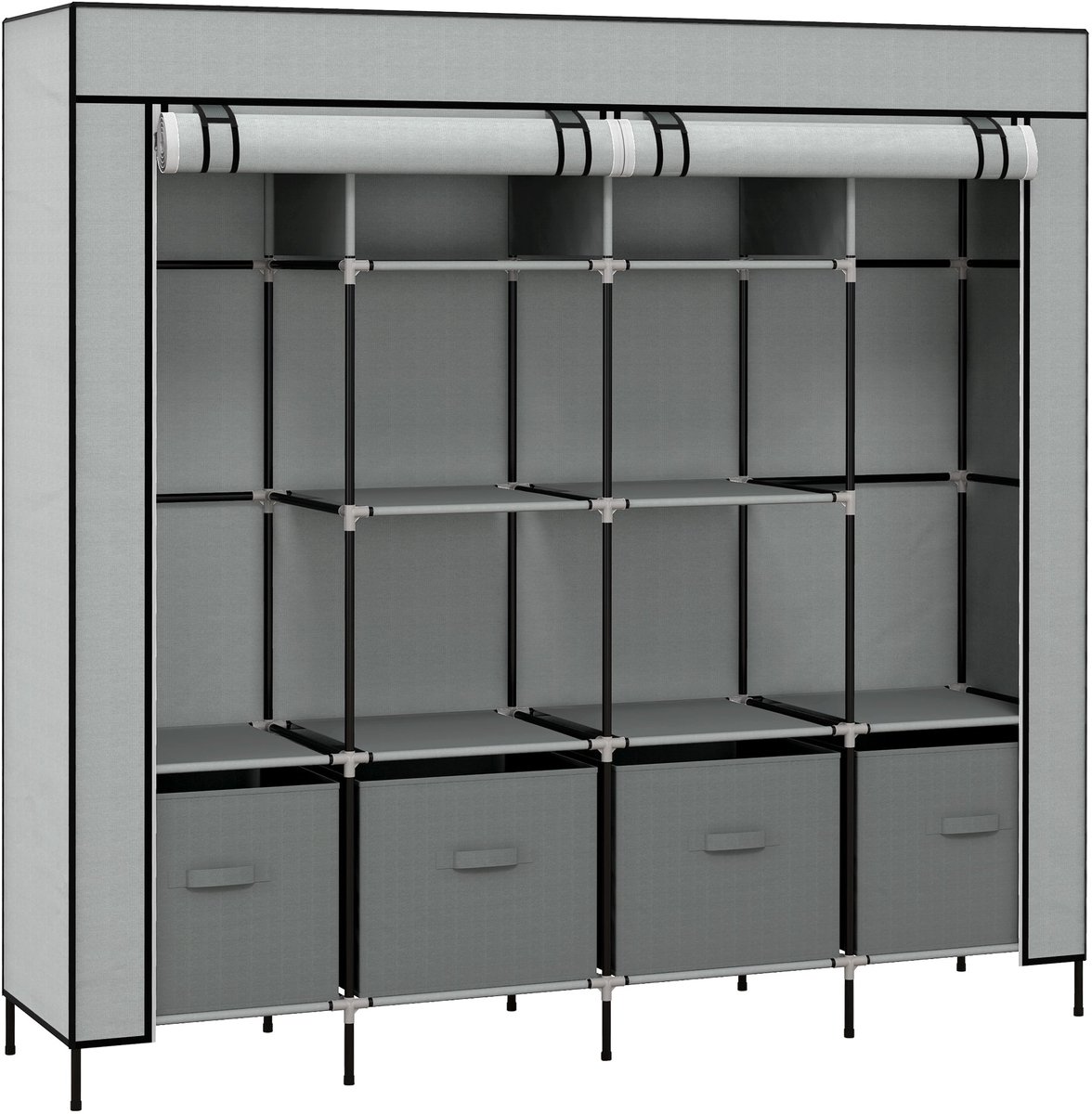 Merax Stoffen Kledingkast Met Kleiderstang En Lades - Opvouwbare Kledingkast Met 10 Vakken En Stofhoes - Donkergrijs Voor Slaapkamer Of Hal 166x42x169 Cm