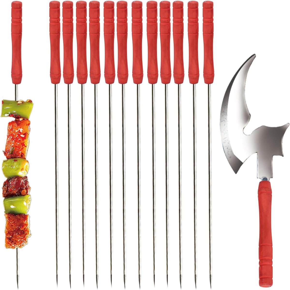 Borvat® - Grill Spiezen - 12 Herbruikbare - BBQ Spiezen met Houten Handgreep - Mini-Bijl - 33 cm - Ideaal voor Barbecue, Camping & Vuurkor
