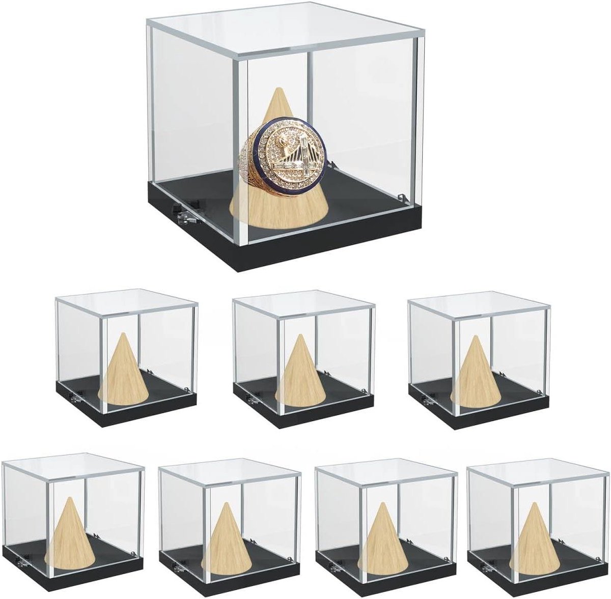 **Ringvitrine met houten kegelstandaard - Displaybox voor kampioenschapsringen - Voetbal honkbal softbal - 55 x 55 x 55 mm**