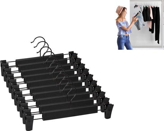 Cintres - Cintres à pantalons avec pinces - Lot de 10 - Cintres gain de place avec deux supports - Noir