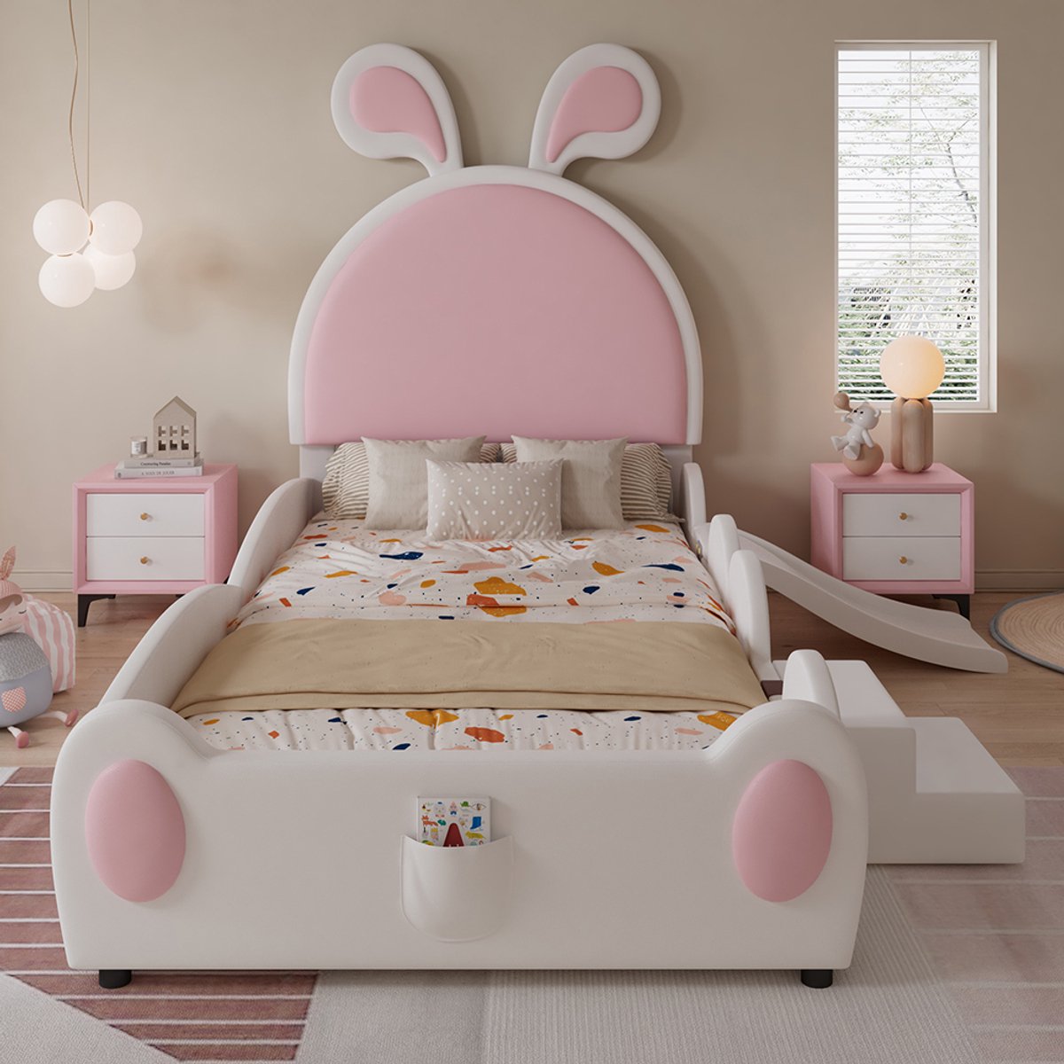 Pugsdrly Gestoffeerd bed, eenpersoonsbed met trapje en glijbaan voor kinderen, hoofdeinde met konijnenoren, kinderbed met houten lattenbodem, PU, wit + roze, 90 x 200 cm