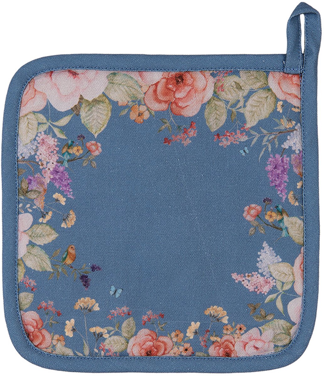 Clayre & Eef Pannenlap 20x20 cm Blauw Katoen Bloemen